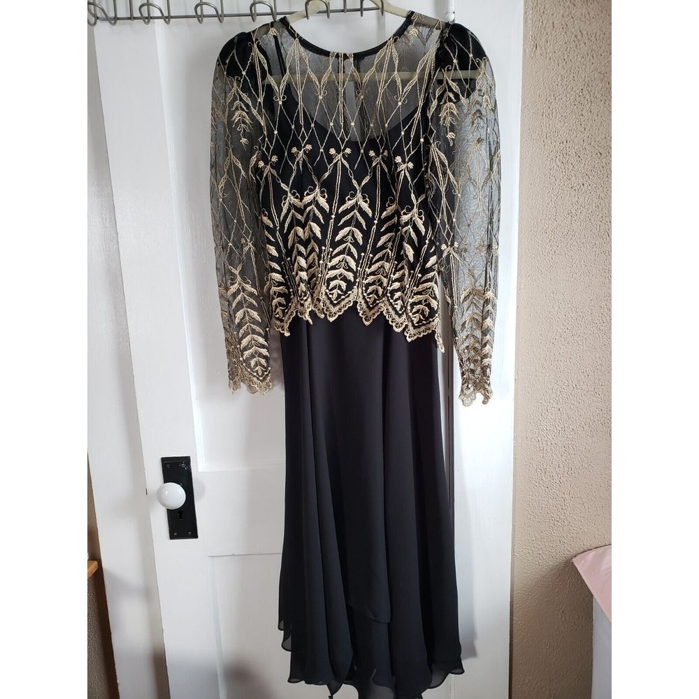 Cachet by Bari Protas Womens gold lace‎ Black maxi Size 5/6 evening dress